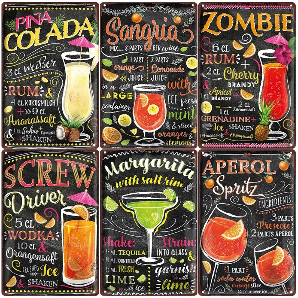 Vintage Cocktail Recipe Metal Tin Signs Set Pina Colada Sangria Margarita Aperol Spritz Zombie Screw Driver Drinks Wall Decor