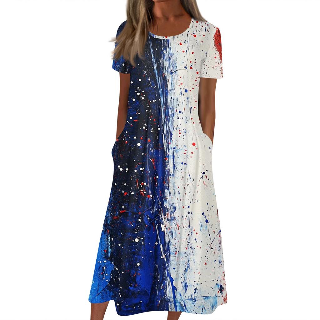 Женское летнее повседневное модное платье с коротким рукавом и карманом на День независимости с коротким рукавом