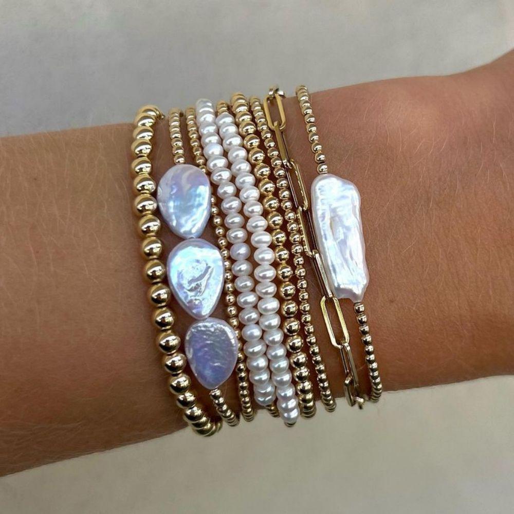 Fashion Freshwater Pearl Stackable Bracelet Women Non Tarnish 18k Gold Plated Stainless Steel Beads Beaded Stretch Bracelets