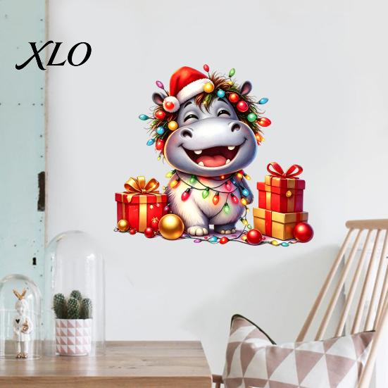 Festive Atmosphere Decoration Elements Cartoon Hippo Christmas Wall Decal, Cute Sticker with Colorful Lights & Creative Gift for Kids Xmas Balls,