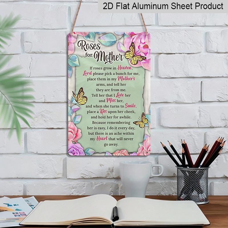 2D Flat, 1pc Memorial Roses Butterfly Metal Wall Art Sign "Roses for Mother" - 8*12 Inch Aluminium Rustic Home Decor, Sympathy Wall Art, Loving