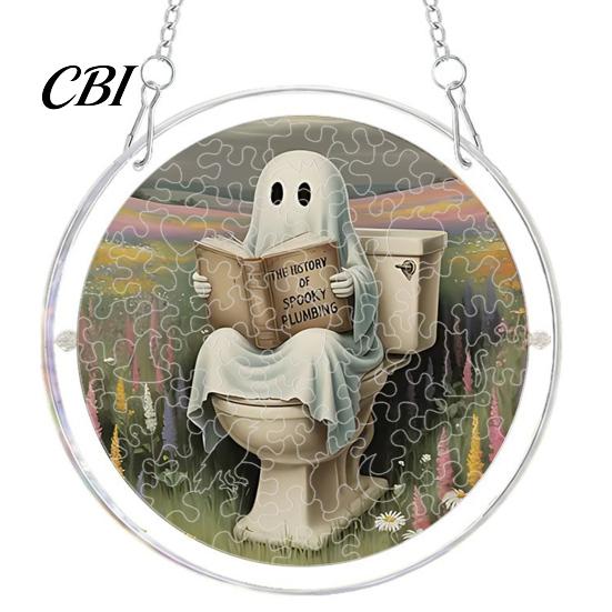 Clear Acrylic Halloween Hanging Suncatcher Jigsaw Puzzle Set, Spooky Ghost Floral Meadow Window Ornament with Metal Lightweight Frame & Chain,