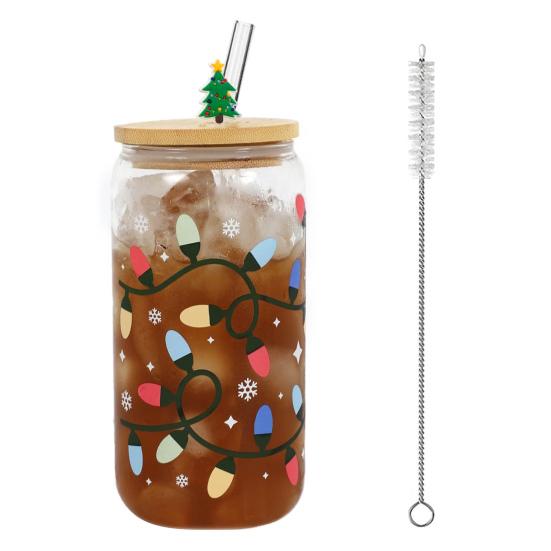 Color Changing Christmas Glass Cup with Lid Straw Brush Reusable Glass Iced Coffee Cup