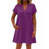 Women's Fashionable Solid Color V Neck Button Short Sleeved Pullover Dress