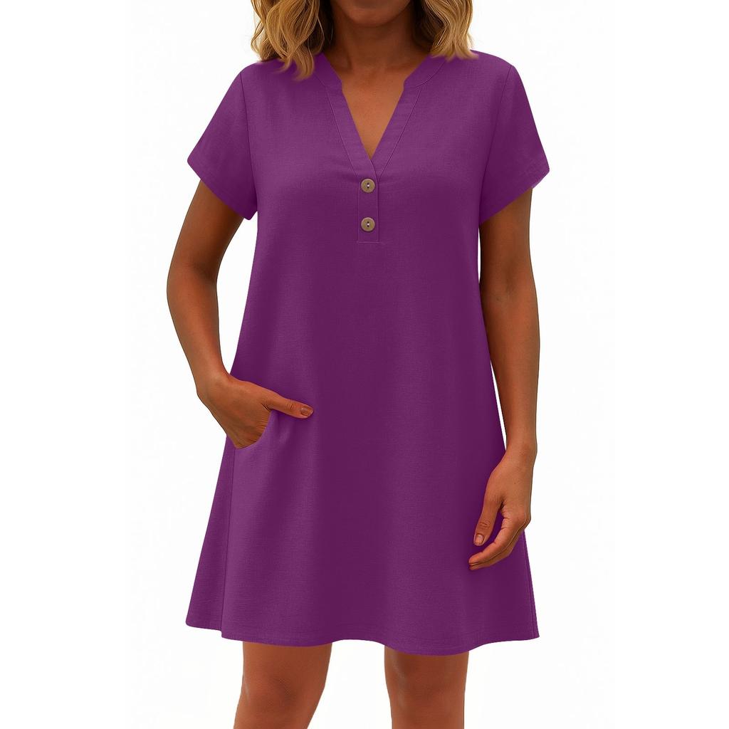 Women's Fashionable Solid Color V Neck Button Short Sleeved Pullover Dress