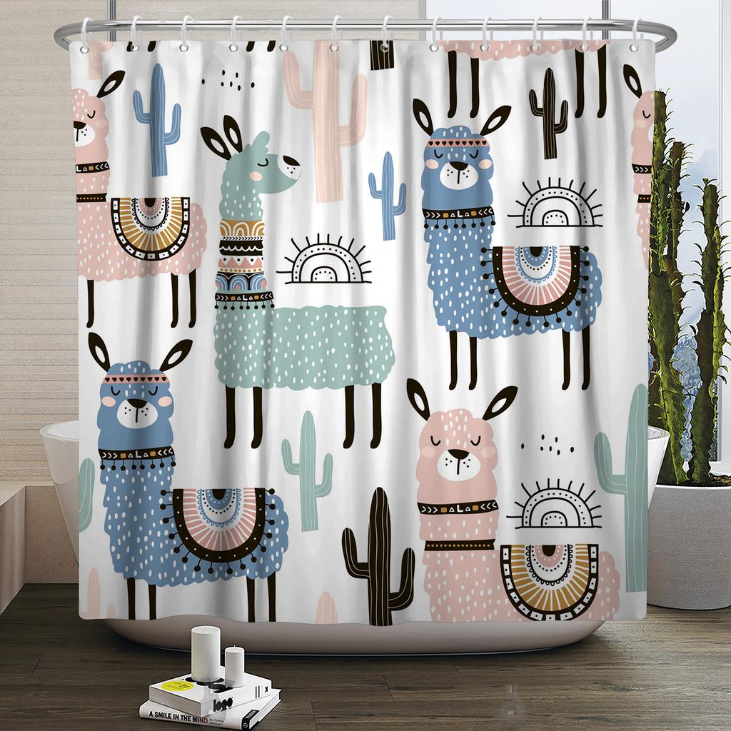 Cute Funny Lama Alpaca Shower Curtain Fun Cartoon Animals Cactus Shower Curtains for Bathroom Home Decor Waterproof Bath Curtain