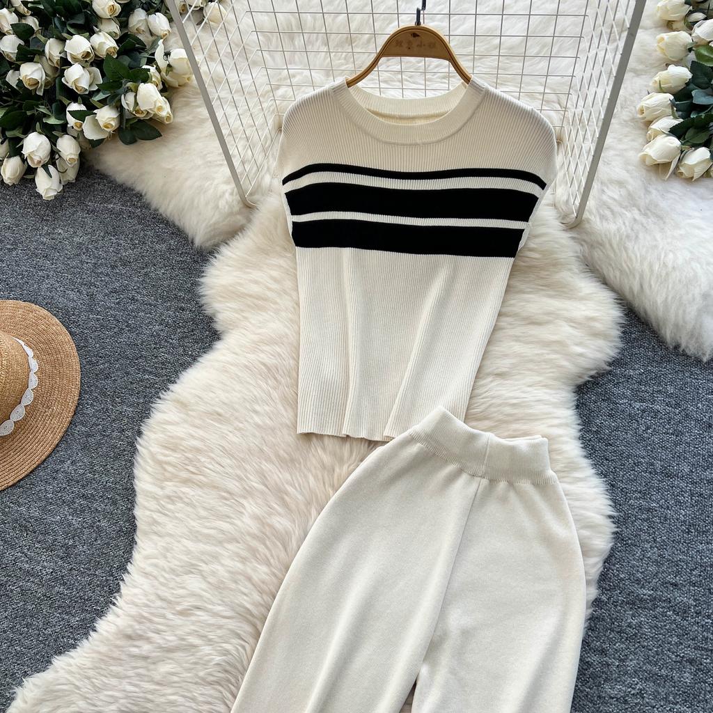 Летний женский повседневный полосатый трикотажный свитер, комплект из двух предметов, безрукавный пуловер и широкие брюки