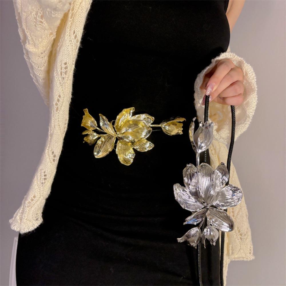 Large Zinc Zinc Alloy Flower Belt Elegant PU Leather Rope Belt Fashion Tulip Waist Chain Women
