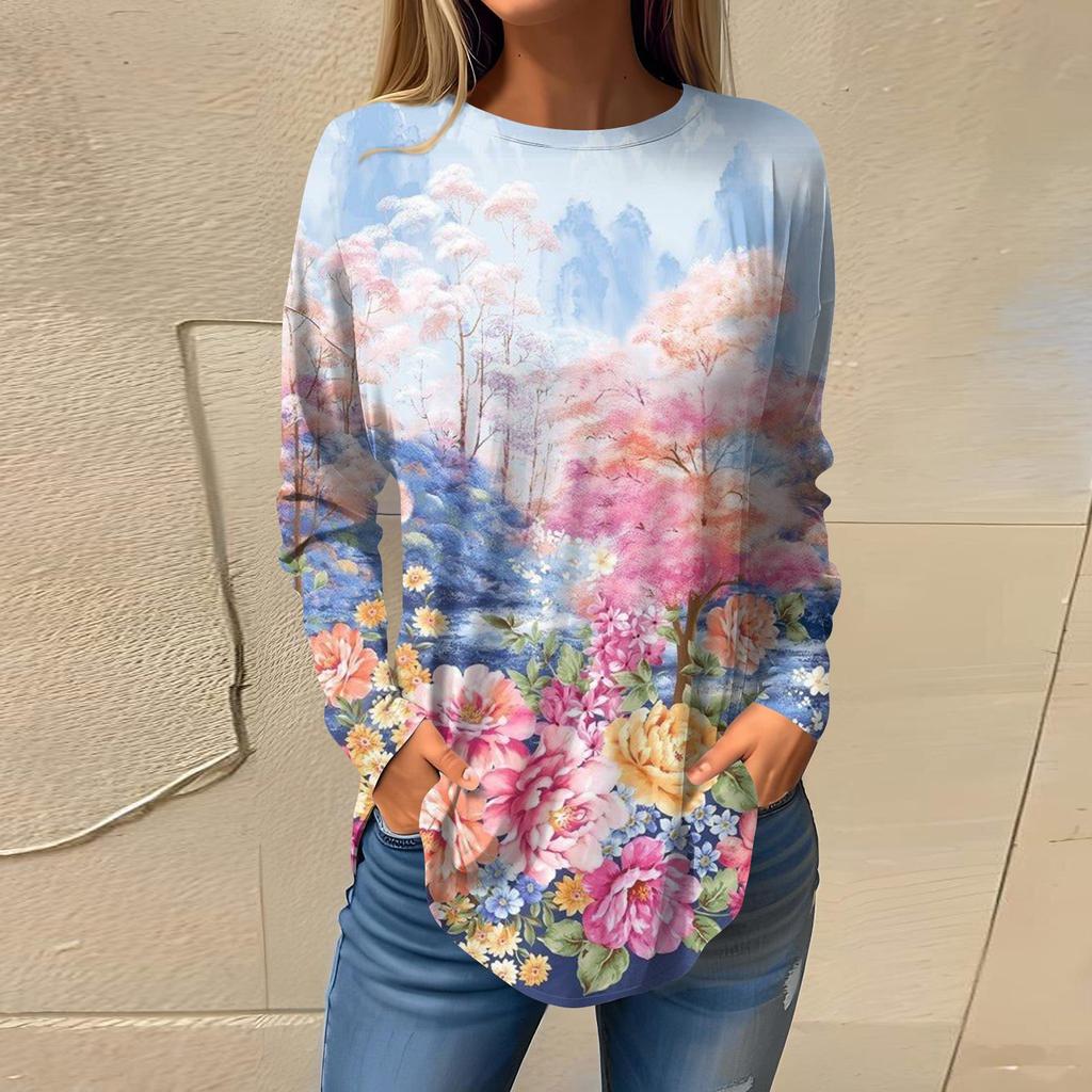 Футболки для женщин, осенний повседневный модный топ с длинным рукавом, пуловер с принтом, топ