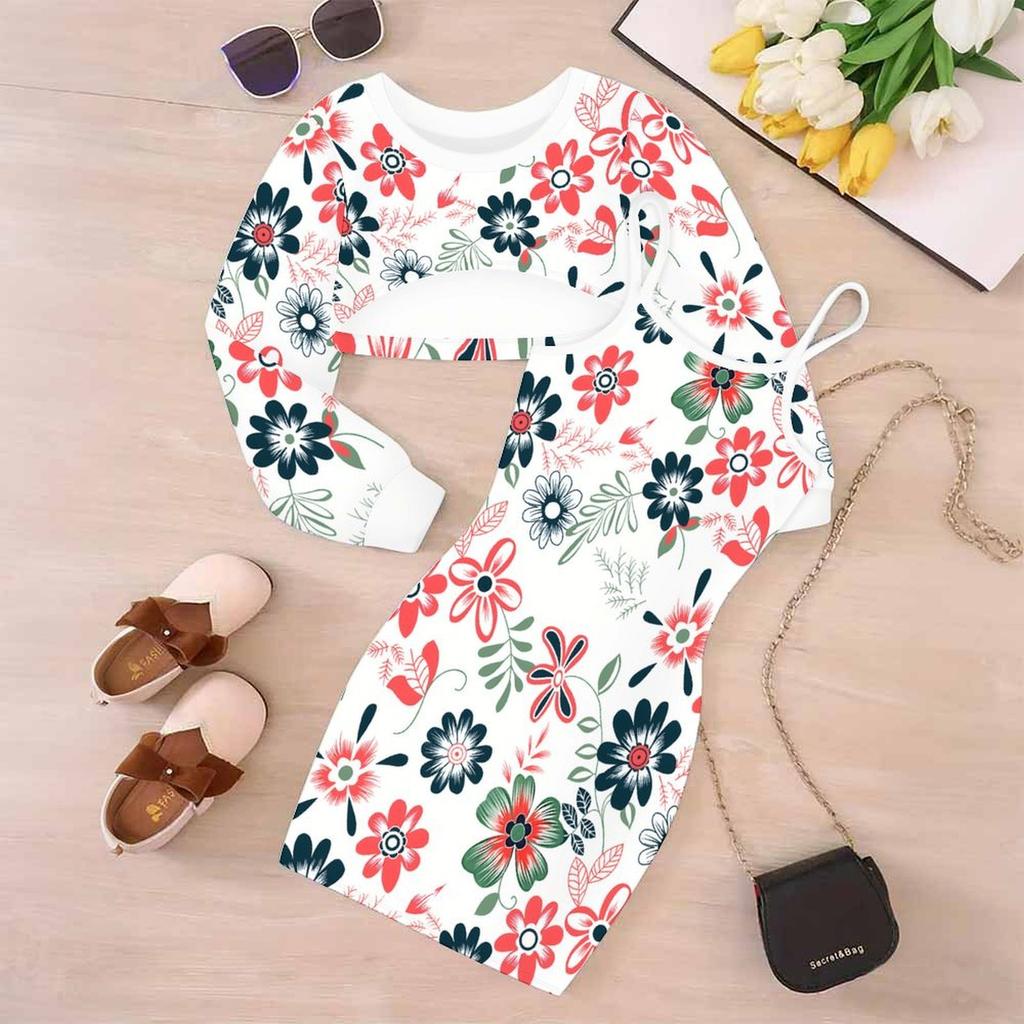 Girls Cartoon 2 Piece Outfits, Long Sleeve Crop Top + Spaghetti Strap Bodycon Dress, Dreamy Ink‑Wash Print Party Dress Set