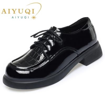 Модные женские лоферы AIYUQI Нескользящие 2025 Натуральная кожа Толстый каблук Повседневная женская обувь Круглый носок Британская шнуровка Для дам
