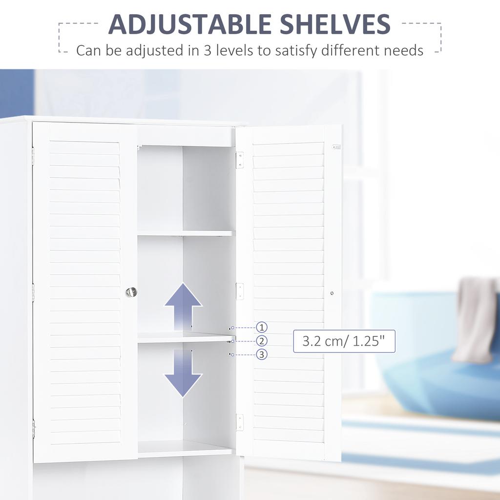 Tall Freestanding Bathroom Cabinet Retro Shutters w/ 3 Compartments Shelves Elevated Base Narrow Organiser White 60L x 30W x 182.5H cm
