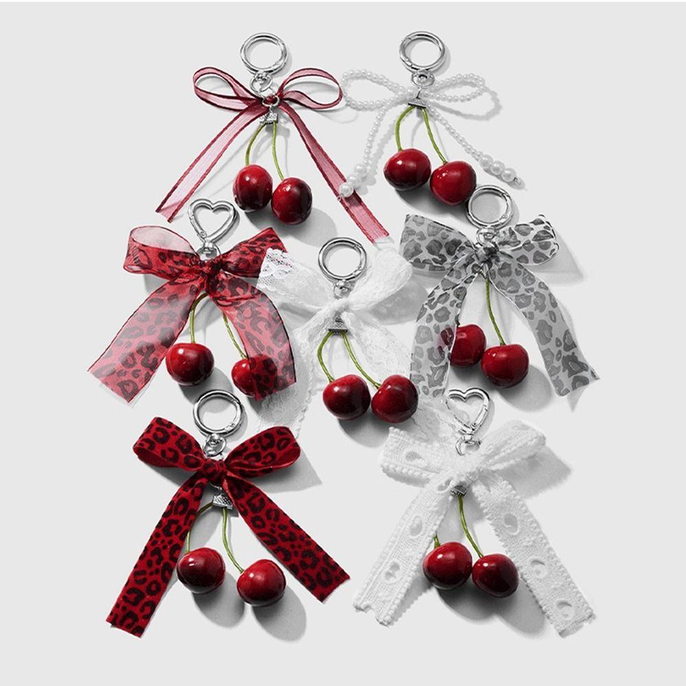 Leopard Pattern Cherry Pendant Mesh Pearl Bow Pendant Ribbon Bow Keychain  Bag Ornaments