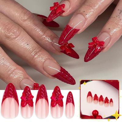 Женские красные носимые ногти Рождественский маникюр Накладные ногти Бант Типсы для ногтей(Клей 2мл)