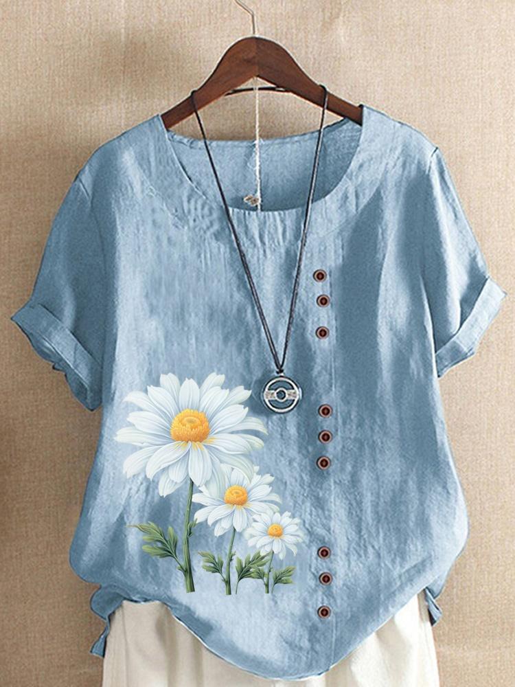 Women's Summer Round Neck Short Sleeve T-shirt Casual Cotton Linen Graphic Shirt Leisure Fashion Loose Daisy Prined Blouse Tops Plus Size