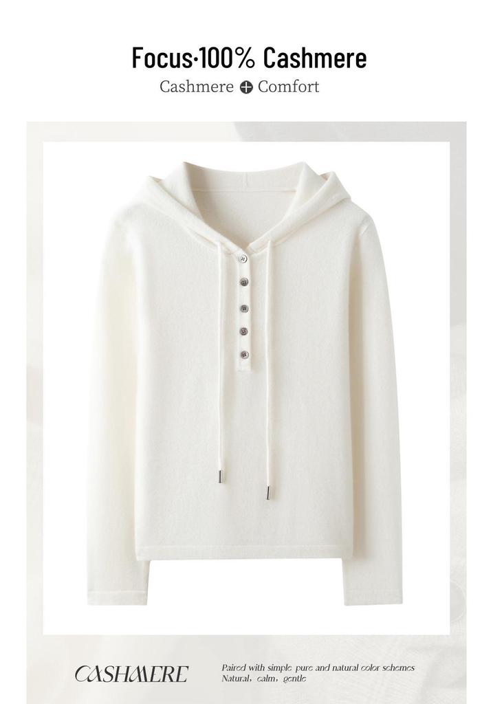 Fall & Winter Women's 100% Cashmere Half-Zip Hoodie - Loose Fit, Versatile Knit Outerwear.