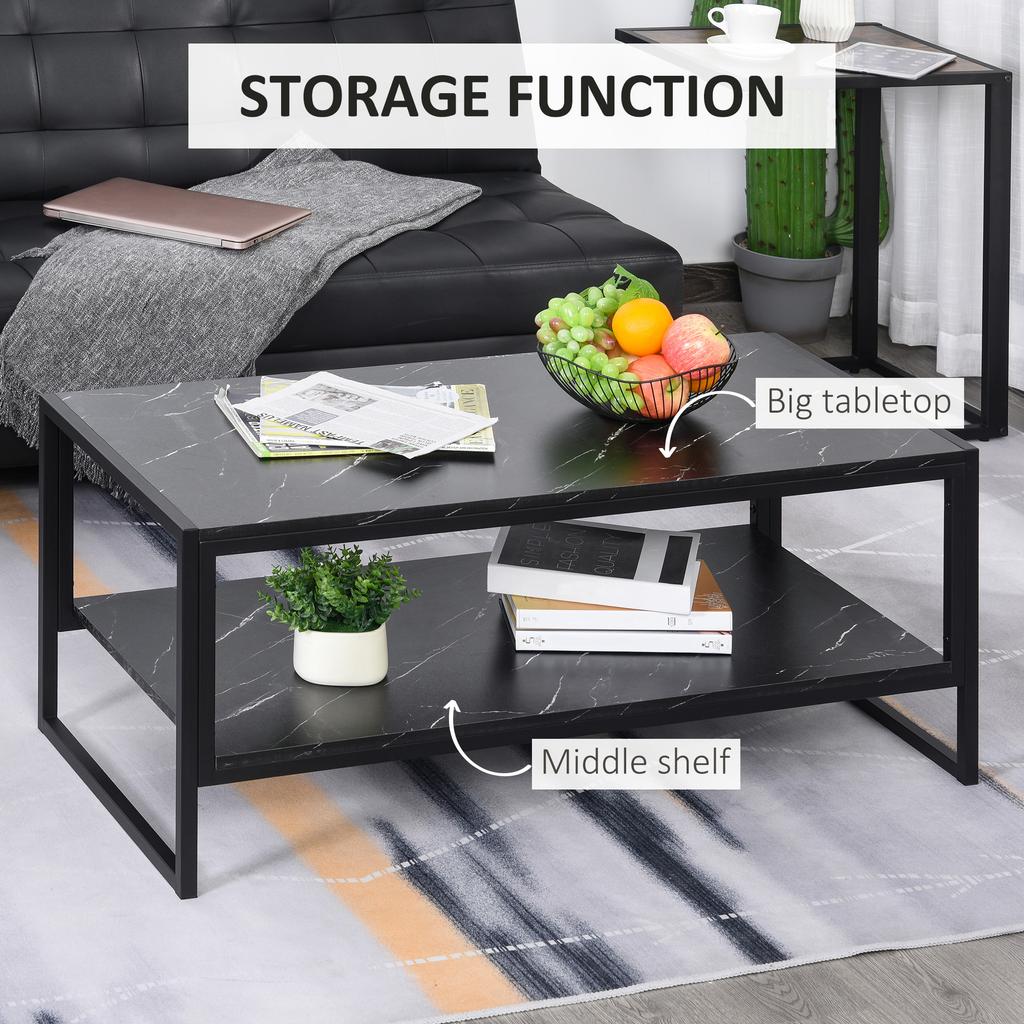 Coffee Table Two Tier Faux Marble Effect Centre Table With Metal Frame And Storage Shelf For Living Room 106 X 50 X 45 Cm Black