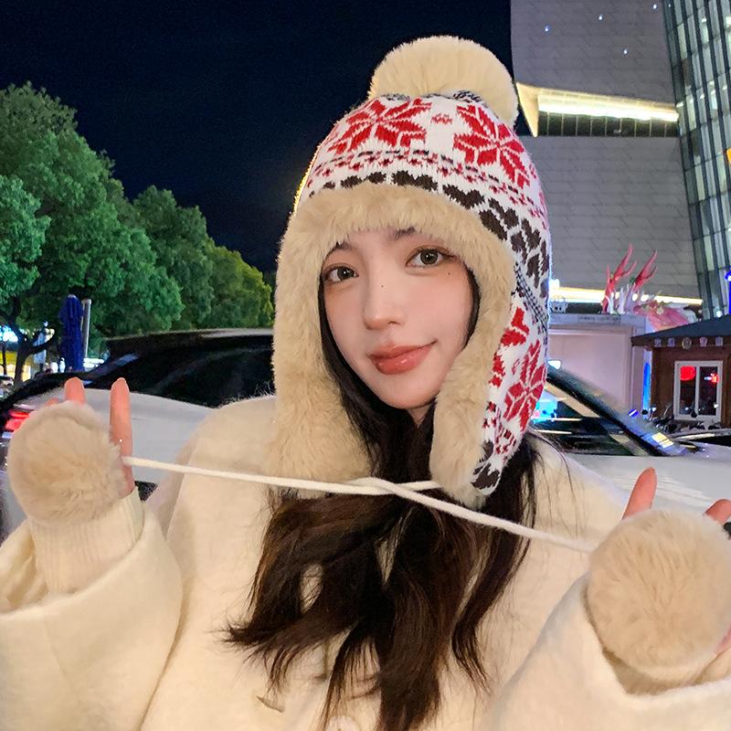 Женская зимняя вязаная шапка-бини с ушами, длинная защита ушей, эластичная и плотная