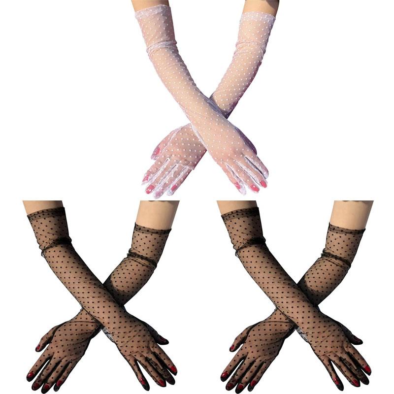 1-4Pair Fashion Women Black White Dot Lace Long Tulle Gloves Bride Wedding Stretchy Full Finger Transparent Thin Lady Mesh Glove