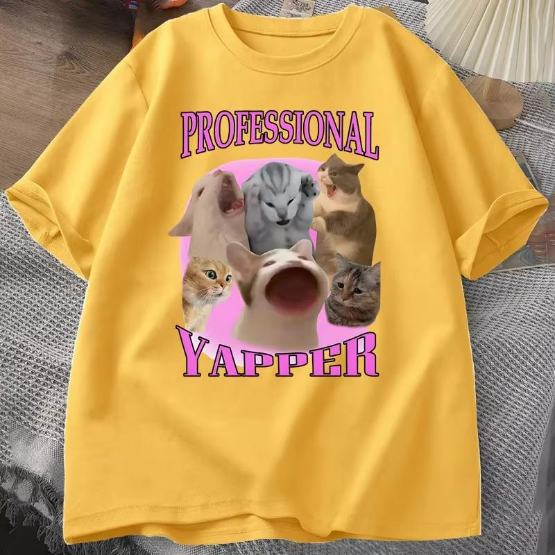 Женские футболки с графикой 'Yapper Cat' Хлопок Короткий рукав Повседневные С круглым вырезом С принтом Уличный стиль Летние топы