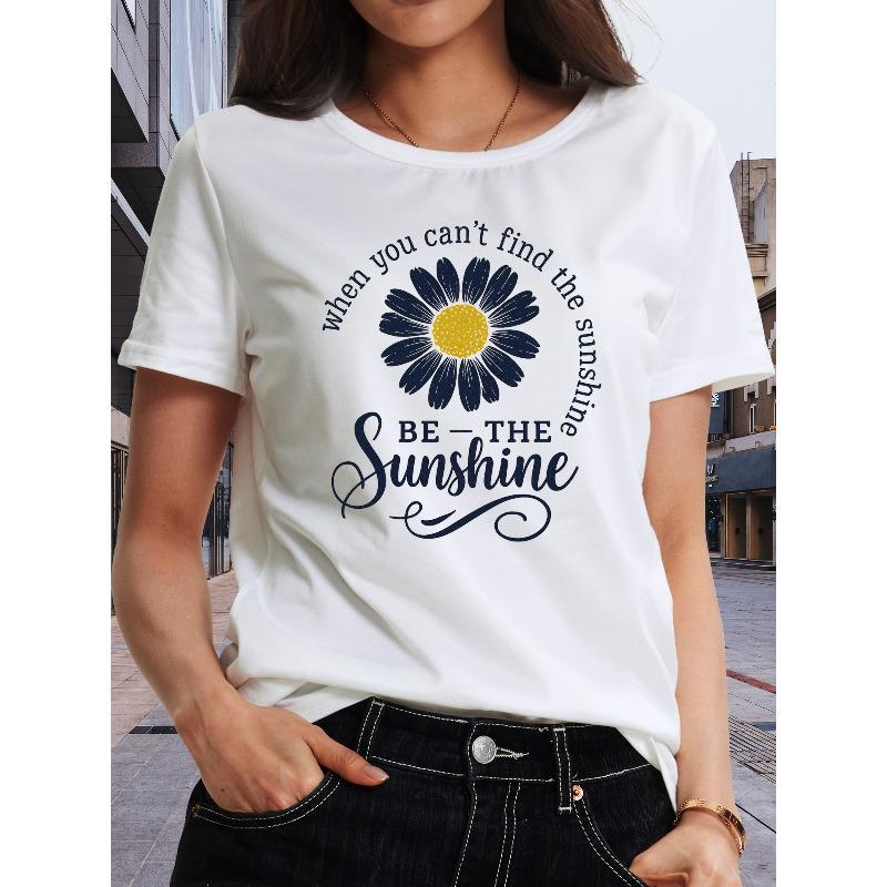 Sunshine Printed T-Shirts, Patterned Printed Round-Neck T-Shirts, Round-Neck Short-Sleeved T-Shirts, Round-Neck Tops, Casual Short-Sleeved T-Shirts