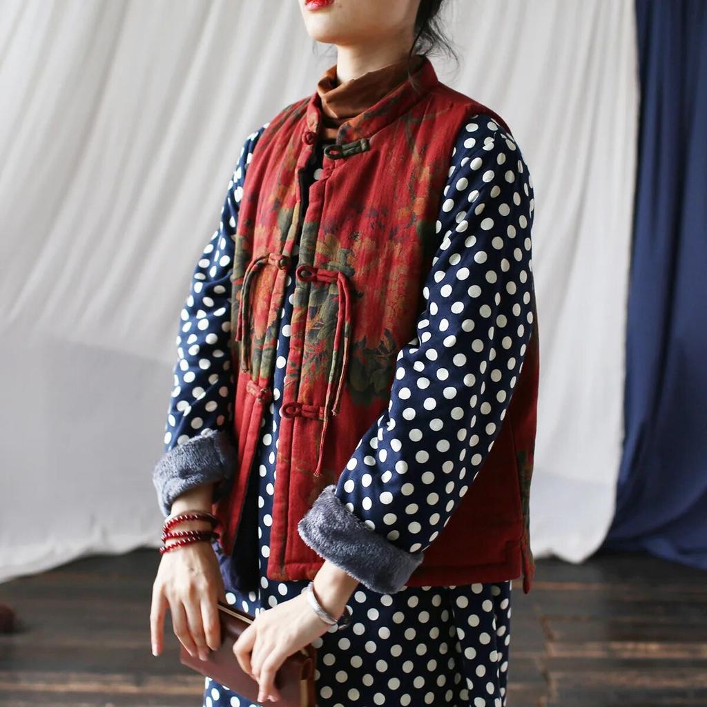 Johnature Женские винтажные красные жилеты с цветочным принтом, пальто со стойкой, теплая хлопковая одежда, осенние жилеты на пуговицах в китайском стиле, пальто