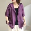 Cotton Linen Thin Summer Windbreaker Women Clothing Short Sleeve Loose Cotton Linen Jacket Casual Hooded Button Up Coat Tops