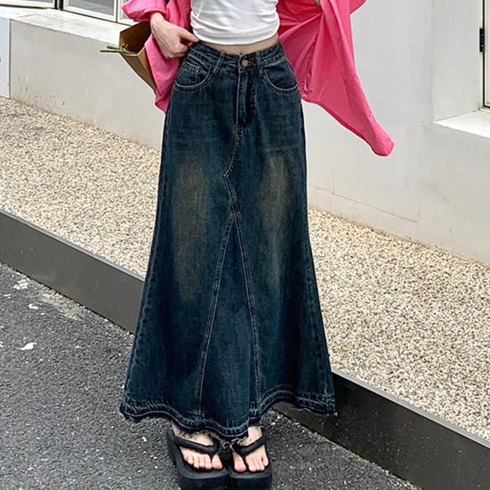 Women Skirt A-line Big Swing Denim Retro Pockets Patchwork Solid Color High Waist Button Zipper Closure Ankle Length Ripped Edge Lady Maxi Skirt