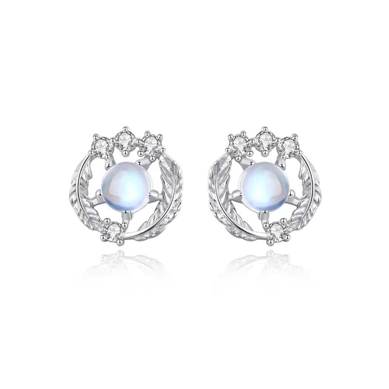 925 Sterling Silver Moonstone Feather Jewelry Set Necklace Earrings Bracelet Women Wedding Anniversary Gift Factory