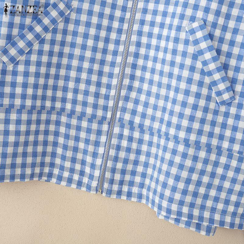 ZANZEA Женская повседневная блузка с круглым вырезом, длинным рукавом, клетчатым принтом и застежкой-молнией