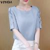 VONDA Женская летняя повседневная однотонная свободная блузка с круглым вырезом и жемчугом в виде листьев лотоса и короткими рукавами