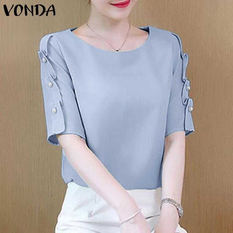 VONDA Женская летняя повседневная однотонная свободная блузка с круглым вырезом и жемчугом в виде листьев лотоса и короткими рукавами