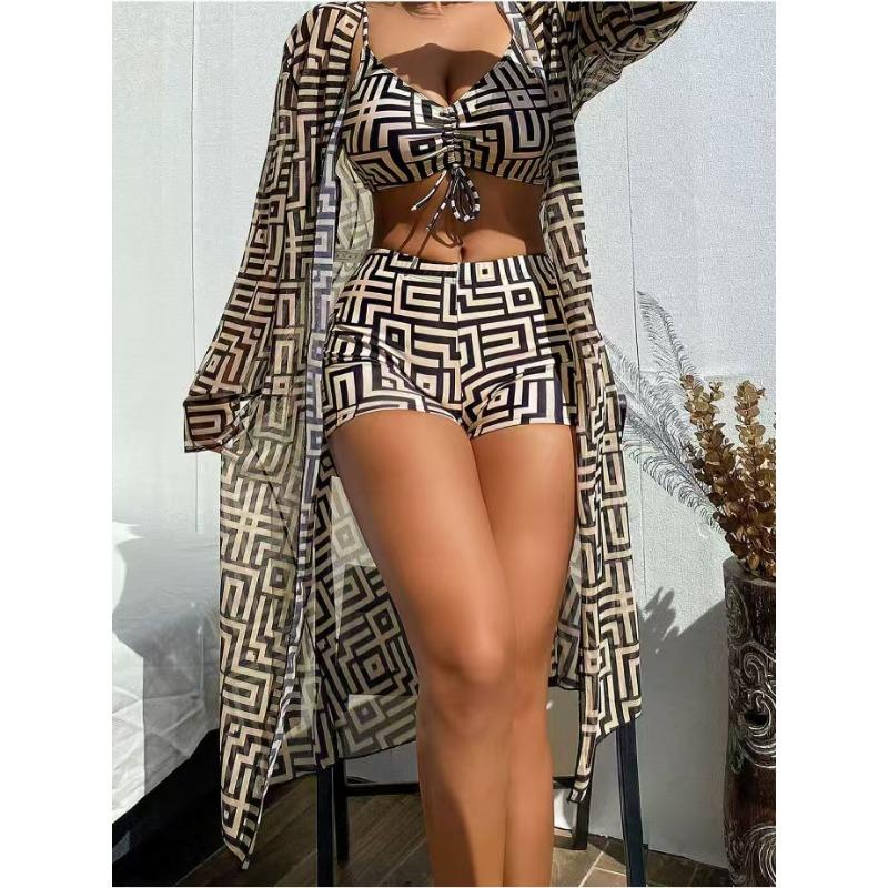 Новый европейский и американский женский раздельный купальник, блузка, трехкомпонентный, собирающий, пляжный, с высокой талией, бикини