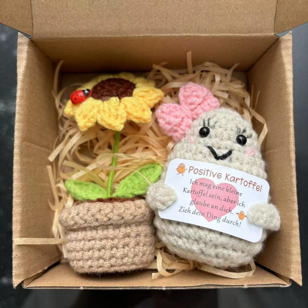 2Pcs Positive Energy Cucumber with Sunflower Pot Kit Home Room Decor Funny Handmade Knitted Potatoes Wool Doll Christmas Gifts