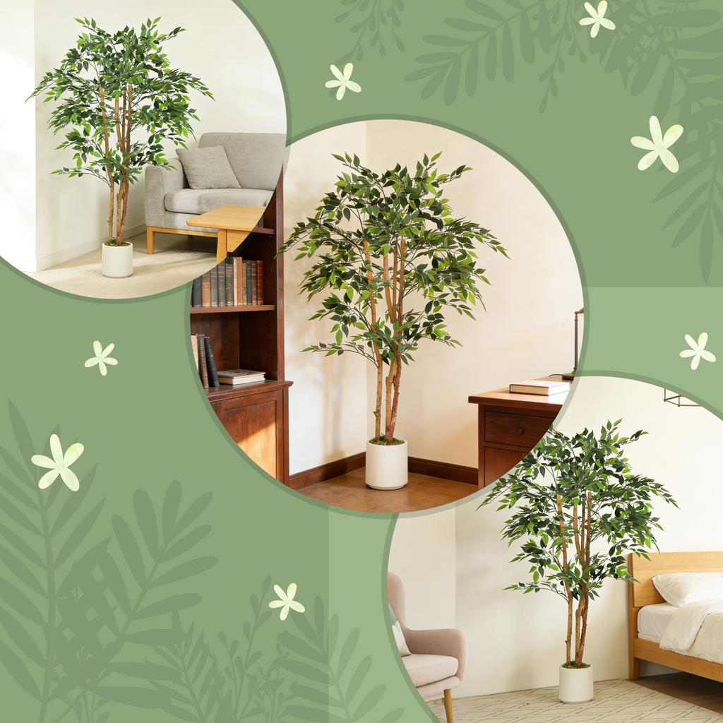 150cm Artificial Ficus Tree, Fake Potted Tree with Solid Wood Trunk and Pot for Indoor, Green