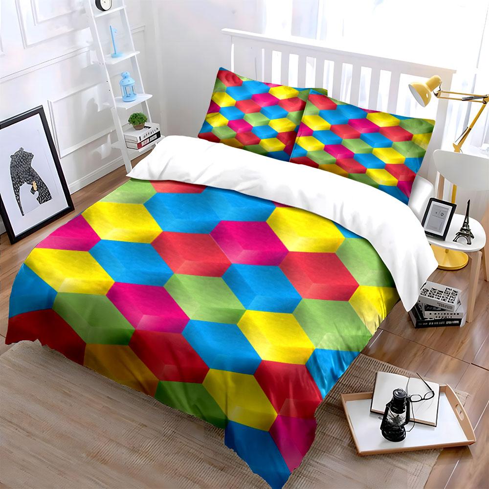 "Colorful Cube Pattern Decor Set" Bedding Set with 1 Duvet Cover 2 Pillowcases Single Double King Queen, Gift