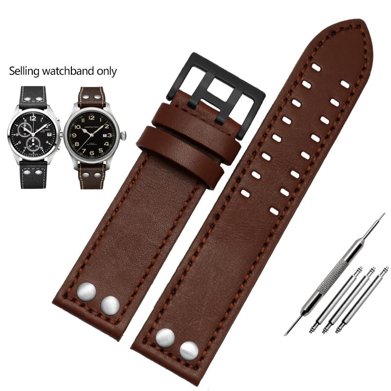ОДИННатуральная кожаный ремешок для часов Hamilton Khaki Aviation Field Series Мужской ремешок Браслет с заклепками Коричневый 20мм 22ммMN