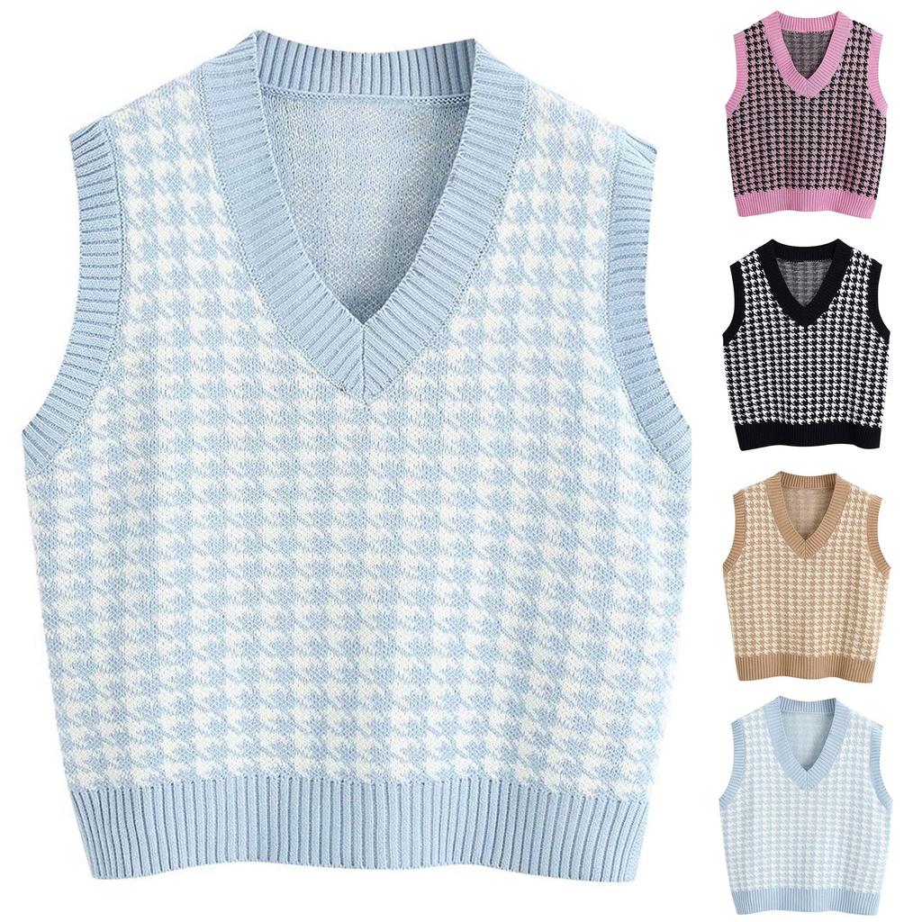 Women's Casual V-Neck Pullover Shirt Collision Color Sleeveless Sweater Vest