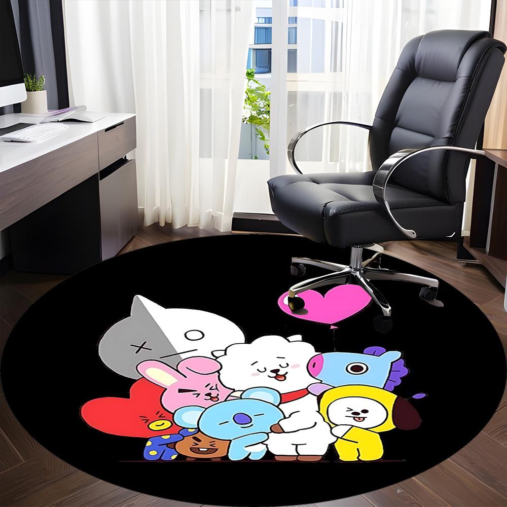 1 шт. Круглый коврик BT21 для офиса - Идеально подходит для декора офиса или кабинета, Машинная стирка, Нескользящая основа, Декоративный коврик для пола