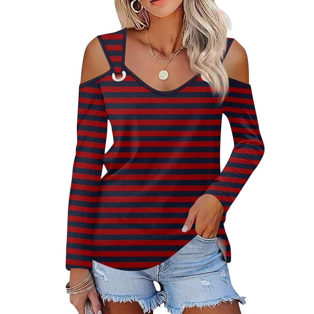 Женская повседневная рубашка-блузка с принтом, V-образным вырезом, сексуальным открытыми плечами, длинным рукавом