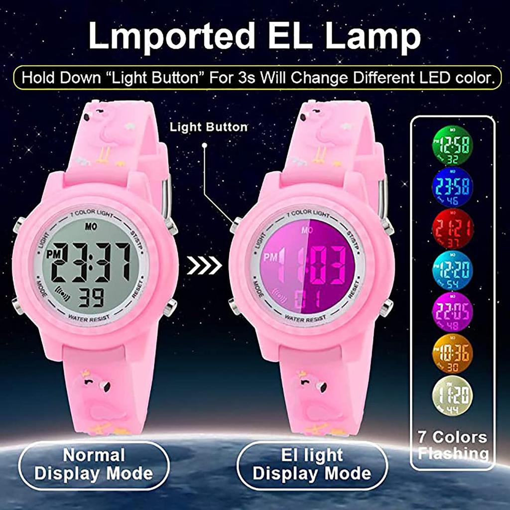 Toddler Boys Girls Kids Digital Children 3D Cute Cartoon 7 Colors Light Waterproof Sports Girls Boys Electronic Watch Years Old Watch, 5-15