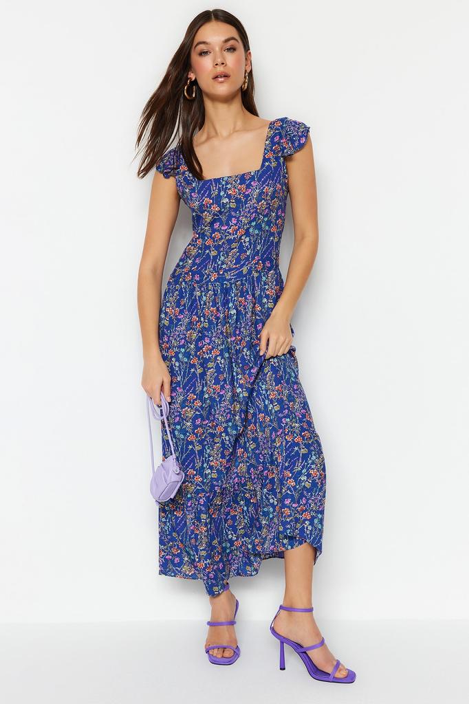 Женское платье, новый сезон, модное синее тканое платье трапециевидной формы с квадратным воротником и цветочным узором из вискозы миди