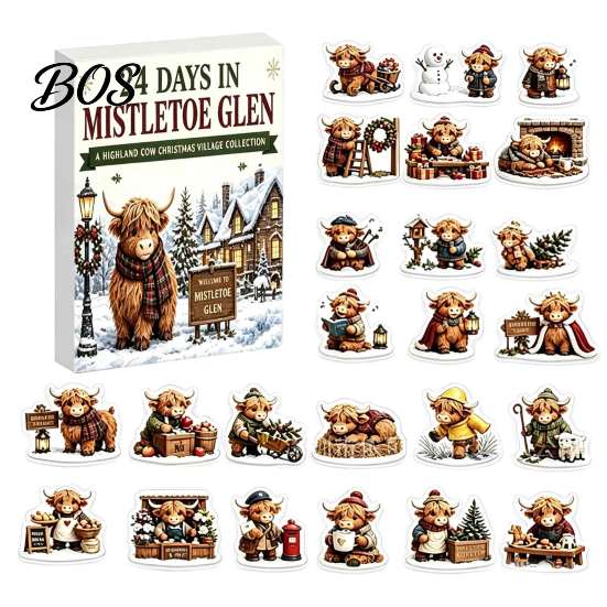 Holiday Countdown Gift Box 2026 Christmas Highland Cow Advent Calendar, 24 Pcs 2D Flat Acrylic Winter Wonderland Desk Decor Farmhouse Animal