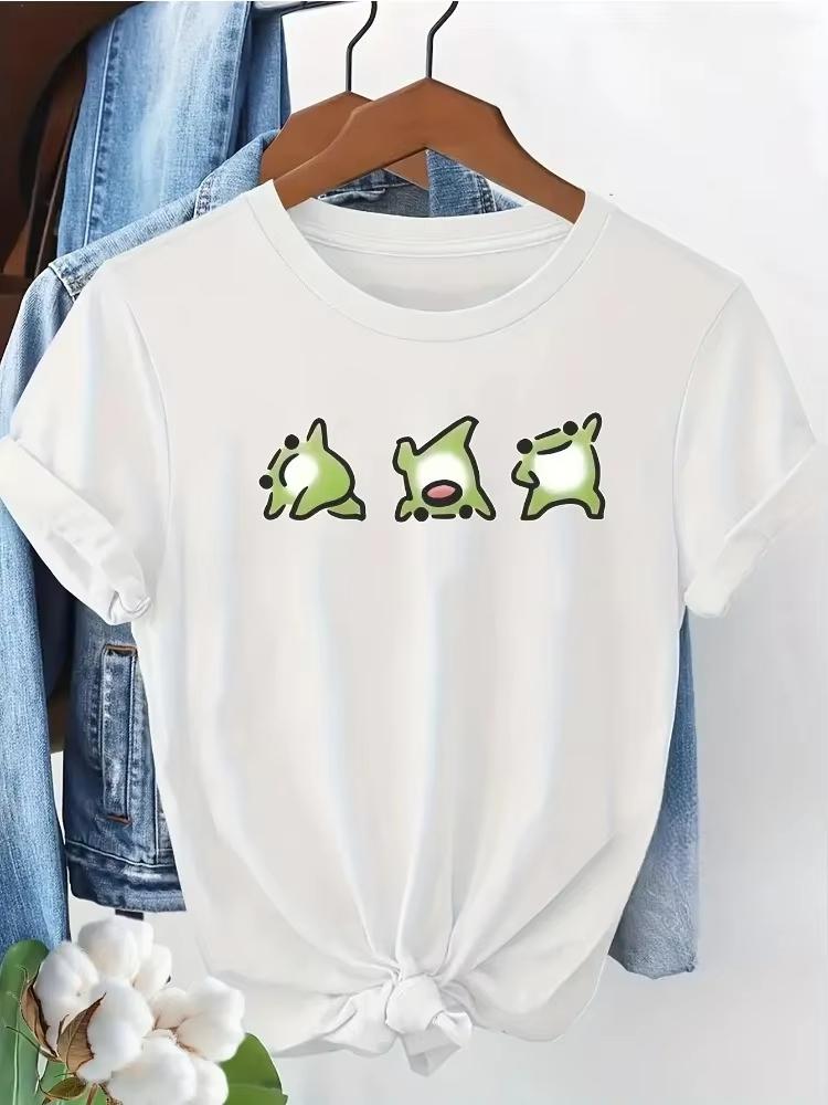 Unisex Tshirt Cute Funny Green Cartoon Creature Graphic Tee Crew Neck Short Sleeve Kawaii Meme Illustration Casual Top