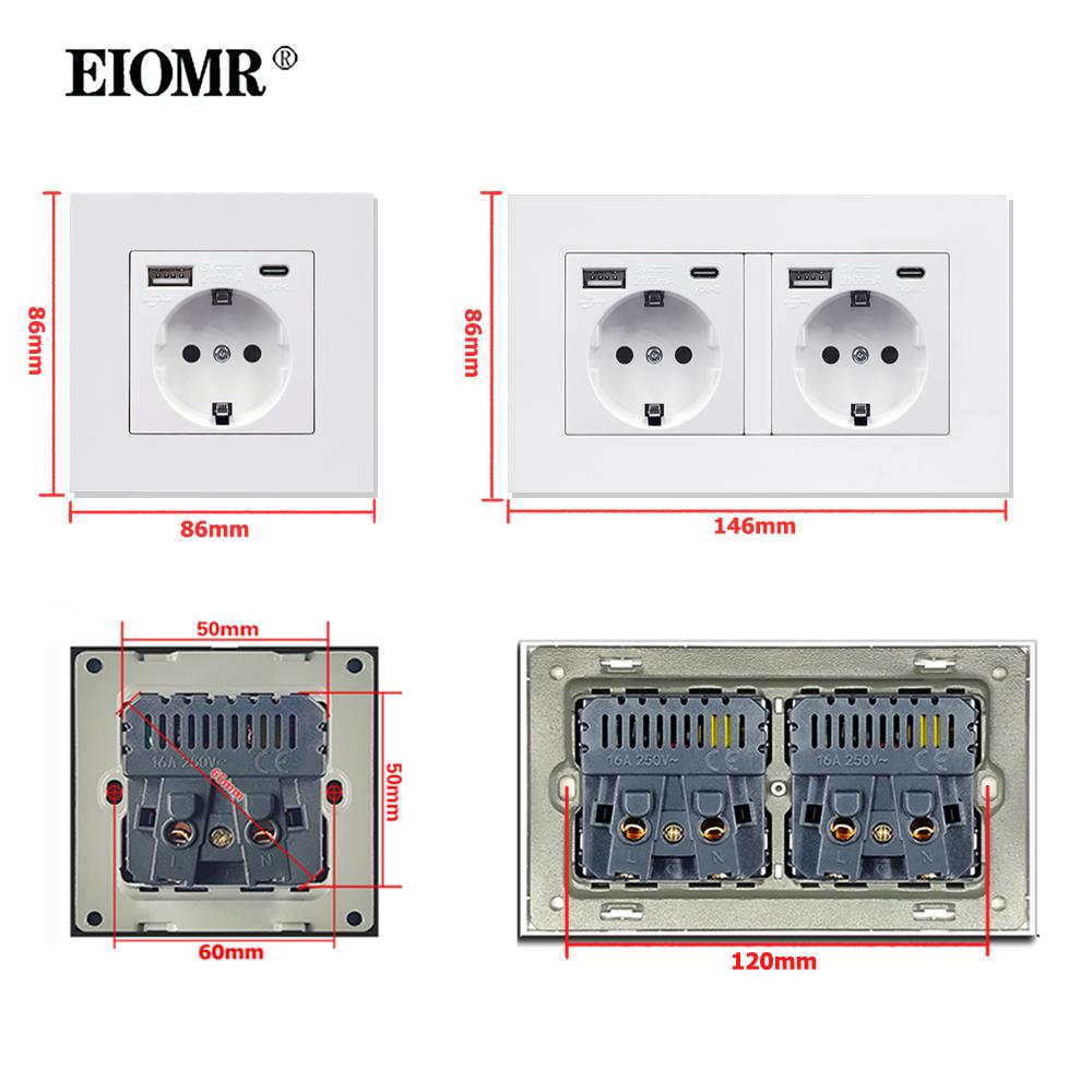 EIOMR EU Настенная розетка с портом Type C 5V 2.1A 146мм, 86мм Огнестойкая панель из ПК 16A 220V Стандарт ЕС USB-розетка