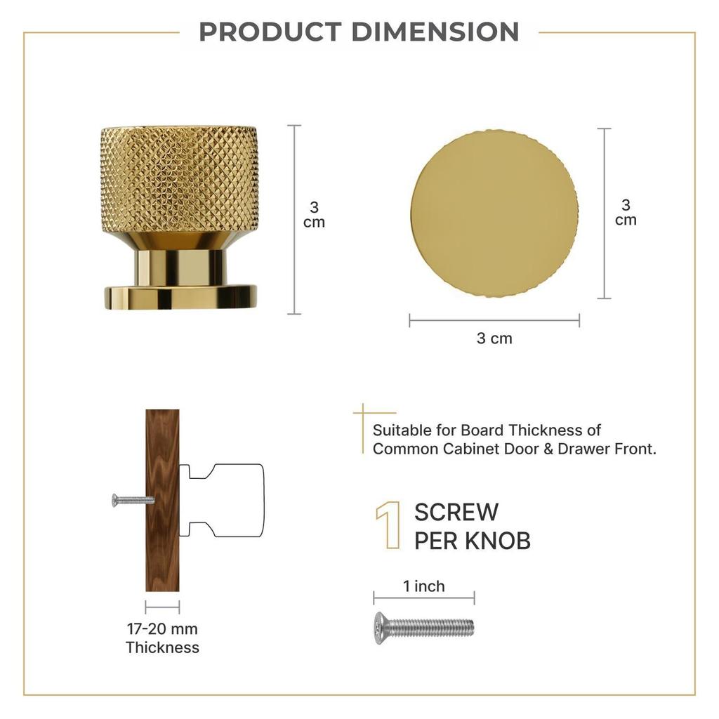 Piece Knobs for Cabinets– Modern Aluminum Drawer Knob for Kitchen, Wardrobe, Cupboard, and Home Furniture (PVD Gold Finish)