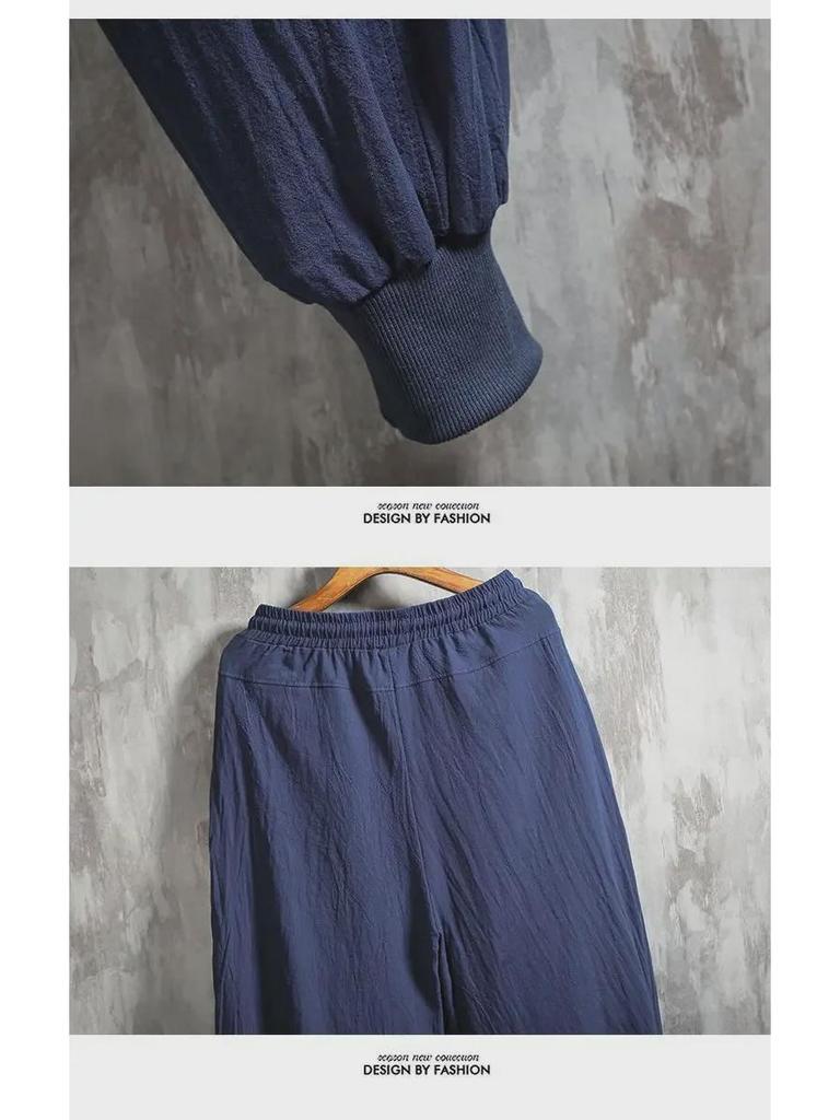 Men's Spring/Summer Cotton Linen Wide-Leg Harem Pants with Loose Cuffs and Trendy Tight-Fit Lantern Design