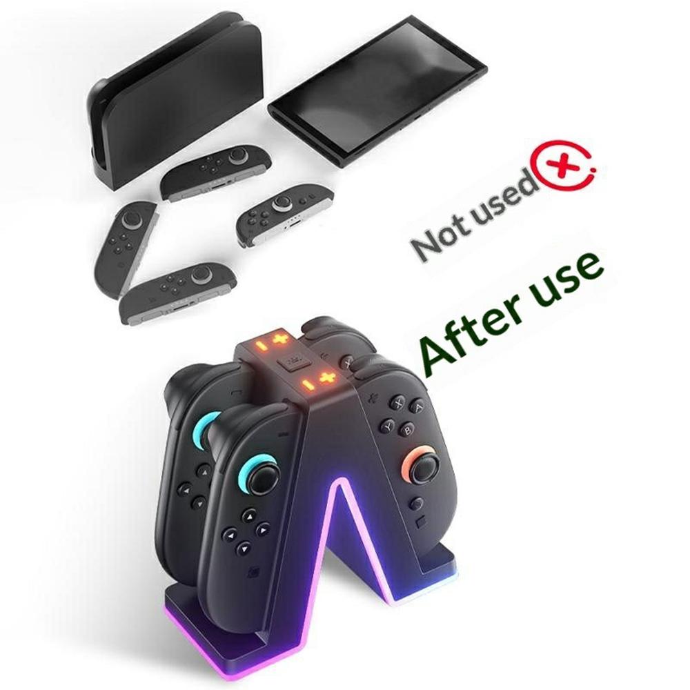 HBS-2849 4 in 1 Charging Station for Nintendo Switch 2 Joy-Pad Charging Dock with RGB Lighting / Magnetic Attachment / Indicator Lights