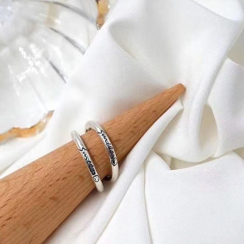 Niche Design Retro Old Square Smiley Face Ring Fashion Personality Ins Letter Plain Ring Open Index Finger Ring