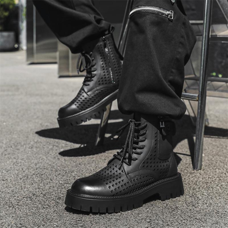 Мужские белые высокие кожаные ботинки 2024 года, новые зимние рабочие ботинки для ходьбы, ботинки на толстой подошве в британском стиле с выемками
